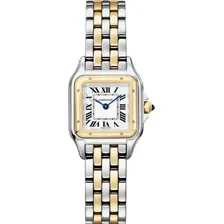 Relógio Feminino Cartier Panthère 22mm Completo Na Caixa Correia Prata Com Dourado Bisel Dourado Fundo Branco