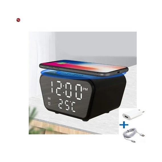 Reloj Despertador Con Cargador Inalámbrico Fecha Temperatura Color Negro 220V