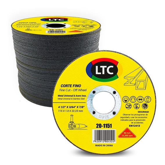 Disco De Corte 115 Mm 4 1/2 X 1 X 22.23 - 20 Unidades - Ltc