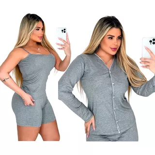 Kit 2 Pijamas Adulto  Longo Com Calça E Regatinha Com Shorts