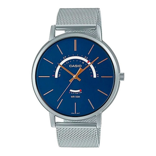 Reloj pulsera Casio Reloj MTP-B105M-2AVDF, analógico, para hombre, con correa de acero inoxidable color plata, bisel color azul