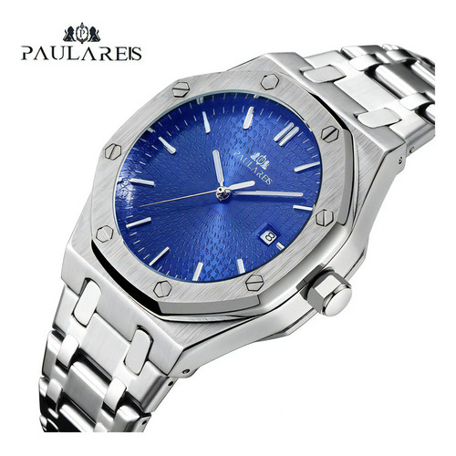 Reloj Mecánico Con Calendario Impermeable Paulareis Para Hom Color Del Fondo Plateado/azul