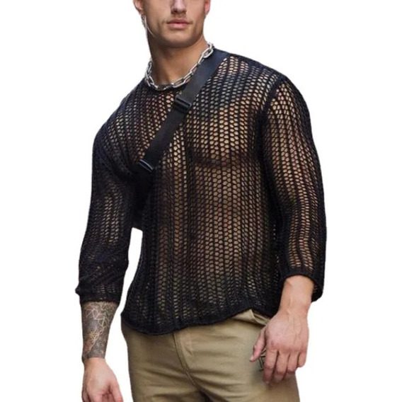 Camiseta Manga Larga Malla Transparente Camisa Para Hombres