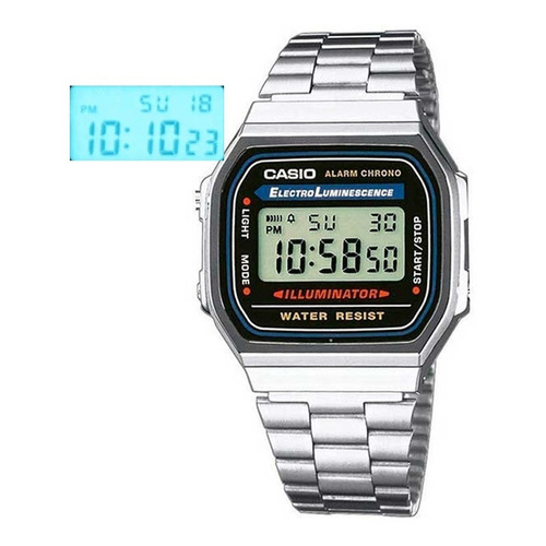 Reloj pulsera digital Casio A-168 con correa de acero inoxidable color plateado - fondo gris/negro/azul