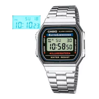 Reloj De Pulsera Casio Youth Vintage A-168 De Cuerpo Color Plateado, Digital, Fondo Gris, Negro Y Azul, Con Correa De Acero Inoxidable Color Plateado, Dial Negro, Minutero/segundero Negro, Bisel Color