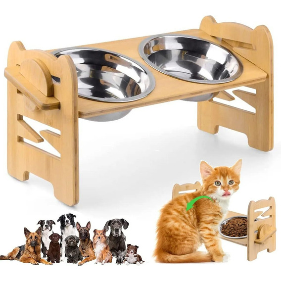 Comedero Elevado Ajustable Para Perro Gatos Doble Cuencos