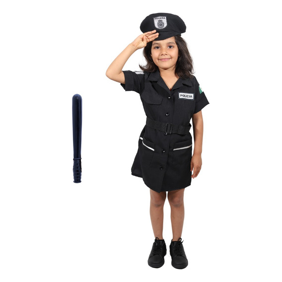 Disfraz Vestido Azul Policia Oficio Con Gorro Y Macana Para Niña