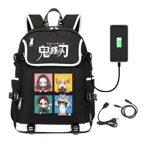 Anime Demon Slayer mochila mochila escolar com porta USB