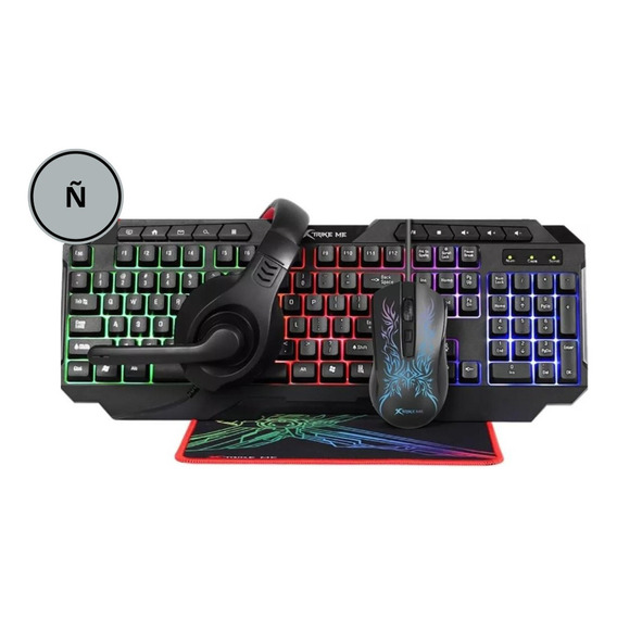 Combo Gamer 4en1 Xtrike Me Teclado Mouse Audífonos Alfombra Color del teclado Negro