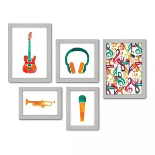 Kit Com 5 Quadros - Música Notas Musicais - 124kq01p Cor Moldura Branca