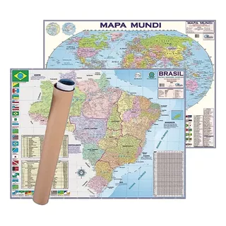 Kit Com 4 Mapas 2 Mundi 2 Brasil Grande Enrolado 120 X 90 Cm