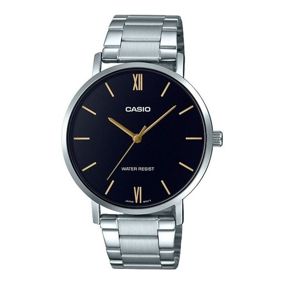 Reloj pulsera Casio Dress MTP-VT01 de cuerpo color plateado, analógico, para hombre, fondo negro, con correa de acero inoxidable color plateado, agujas color plateado, dial blanco, bisel color platead