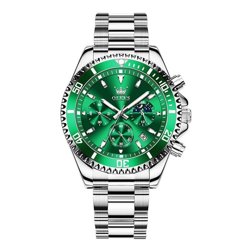 Reloj pulsera Olevs 2870 con correa de acero inoxidable color plateado - fondo verde