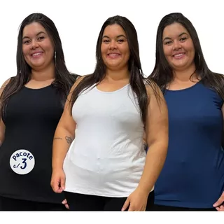 Kit 3 Regatas Femininas Alça Larga Básica Plus Size