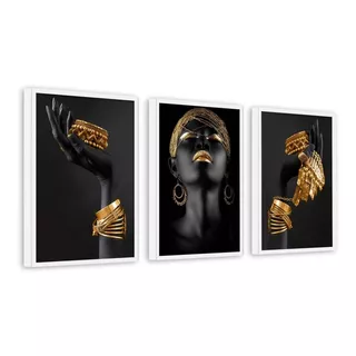3 Quadros Decorativos Negra Africana Golden Pulseira 40x60