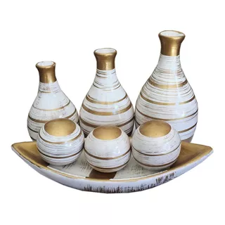 Trio Vasos Ceramica Prato 3 Bolas Decorativos Branco/dourado