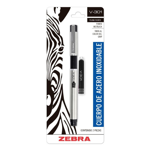 Pluma Fuente V-301 Tinta Recargable Acero Inoxidable Zebra. Color Del Exterior Negro