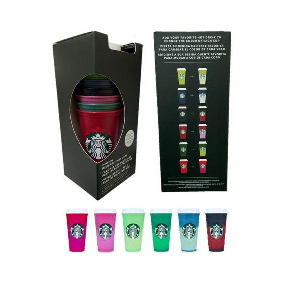 Set 6 Vasos Starbucks Reusables Cambia Color Con Temperatura