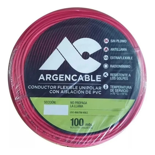 Cable unipolar Argencable 2.5mm² rojo x 100m