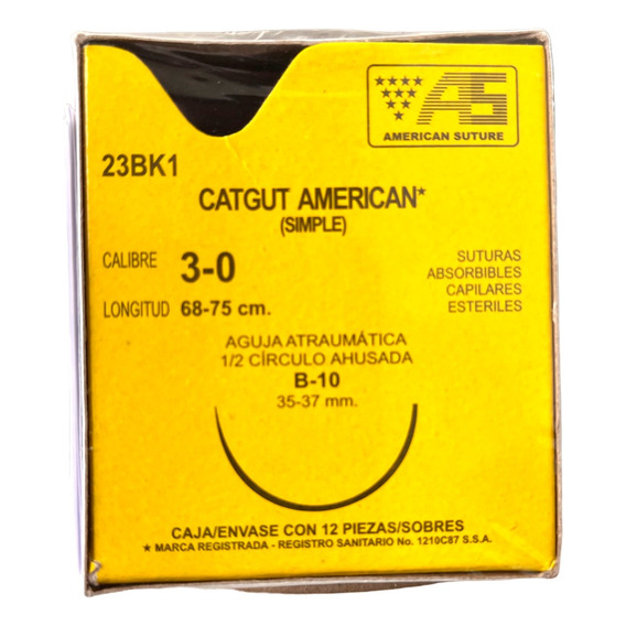 Sutura Catgut Simple 3-0  1/2 Circulo Ahusa 35-37mm American