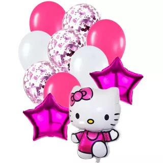 Set Globos Metalizados Hello Kitty Estrellas+ Confetis 12pzs