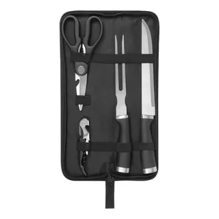 Set Kit Bbq Asado Parrilla 4 Piezas Cuchillo Tijeras Metal 