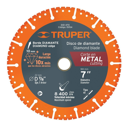 Disco De Diamante, 7'' Corte Metal Truper 15154 Color Naranja