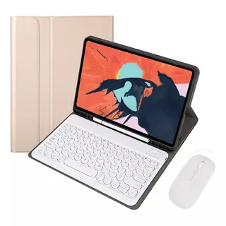 Capa Para Tablet S7 Fe (12,4 Universal) Com Teclado E Mouse Cor Teclado Redondo Dourado Branco Mouse Bluetooth Recarregável Branco