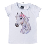 Blusa Feminina Infantil Cavalo Rosas Branco Country Tshirt