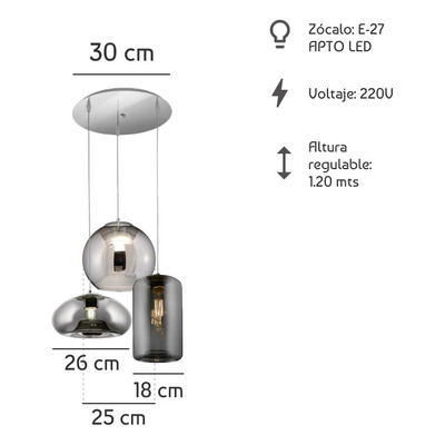 Colgante 3 Luces Desigual Fume Base Redonda Apto Led E27