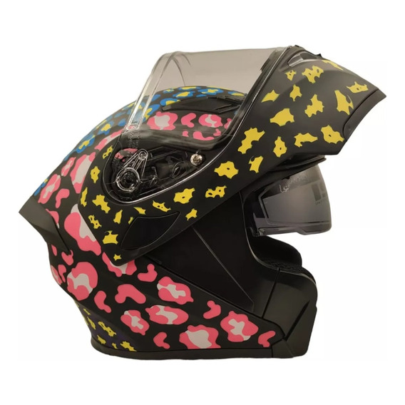 Casco para moto R7 Racing Unscarred  amarillo y rosa y verde mate  animal print talla M 