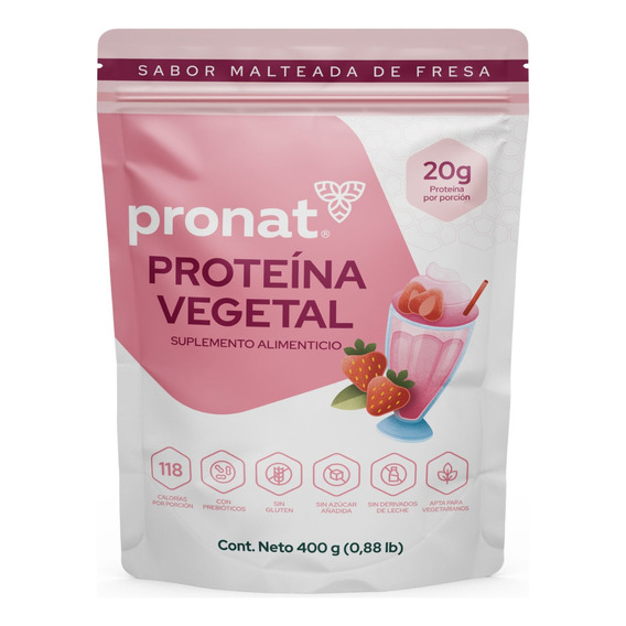 Proteina Vegetal (malteada Fresa 400 G) Pronat Sabor Malteada de fresa
