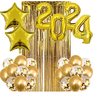 Kit Balão 2024 + 2 Cortina Metalizada + 22 Balões - Ano Novo