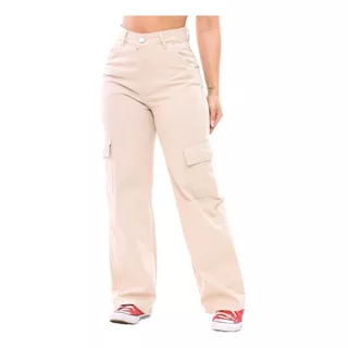 Calça Jeans Feminina Wed Leg Cargo Bolso Lateral Premium
