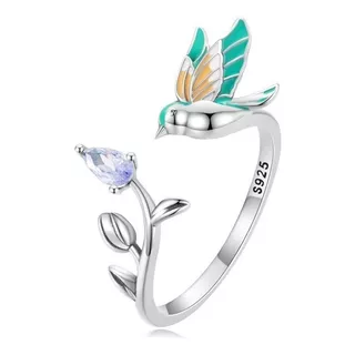 Anillo Ajustable Para Mujer Pájaro Colibrí Rama En Plata 925