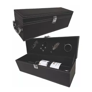 Caja Botella Vino Símil Cuero Negro+4 Accesorios.36x12x11 Cm