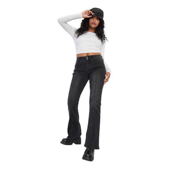 Jeans Mujer Flare Costura Negro Corona