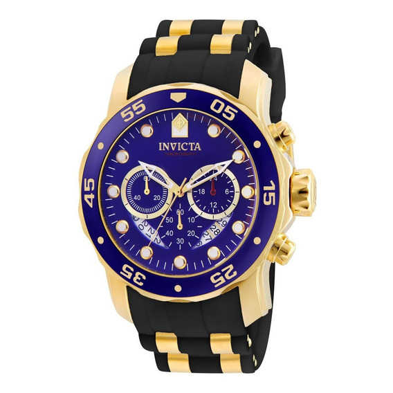 Reloj pulsera Invicta Pro Diver 6983 de cuerpo color oro, analógico, para hombre, fondo azul, con correa de silicona color oro y negro, agujas color dorado, dial azul, subesferas color dorado, minuter