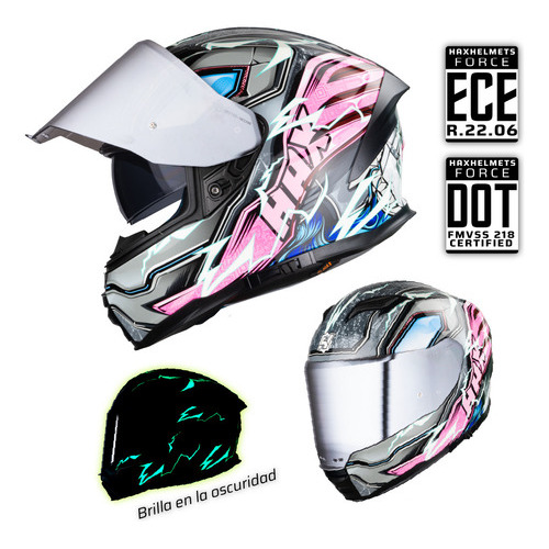 Hax. Casco Para Motociclista Dot + Ece 06. Force Thunder Color Violeta Claro Diseño Thunder - Glow In The Dark Tamaño Del Casco Xl-extra Grande