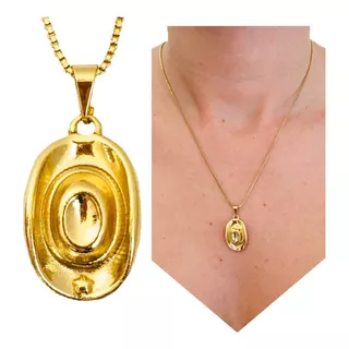 Colar Feminino Pingente Chapéu Peão Country Folheado A Ouro Cor Dourado