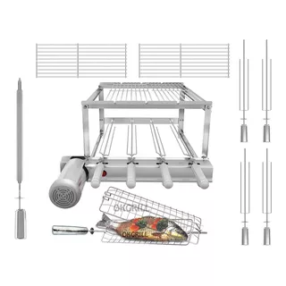 Gira Grill Churrasqueira Inox 4 Espetos + 3 Grelhas + Brinde