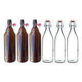 6 Botellas De Vidrio Ambar Y Transpararente+tapón 1000ml