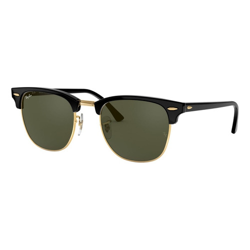 Gafas de sol Ray-Ban Clubmaster Classic Large con marco de acetato color polished black, lente green de cristal clásica, varilla polished black de acetato - RB3016