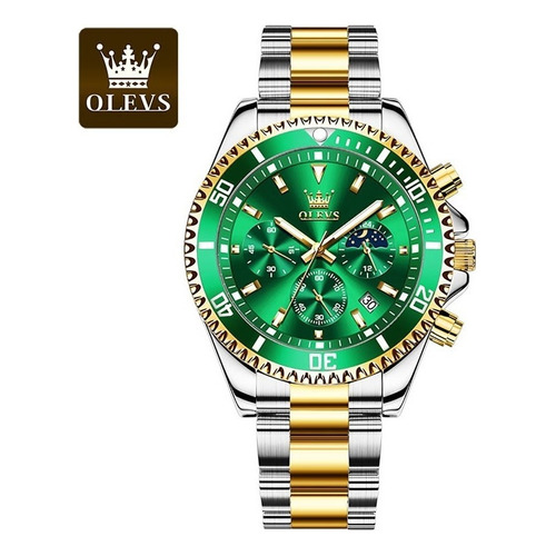 Reloj pulsera Olevs 2870 con correa de acero inoxidable color plateado/oro - fondo verde - bisel verde/oro
