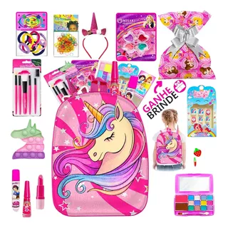 Kit Infantil C/ Maquiagem  Mochila Relógio Carteira, Esmalte