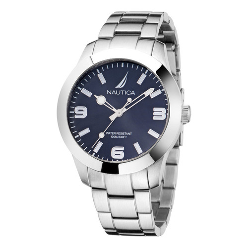 Reloj Nautica Nappbf201 Para Hombre Malla Plateado Bisel Plateado Fondo Azul