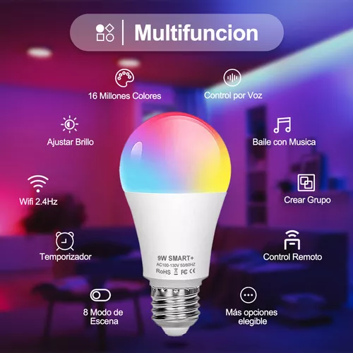  Bombillas inteligentes (paquete de 2), WiFi y Bluetooth 5.0,  compatibles con Alexa y Google sin Hub, regulable, con sincronización de  música, programación y cambio de color, luces inteligentes RGBW, LED,  A19/E26