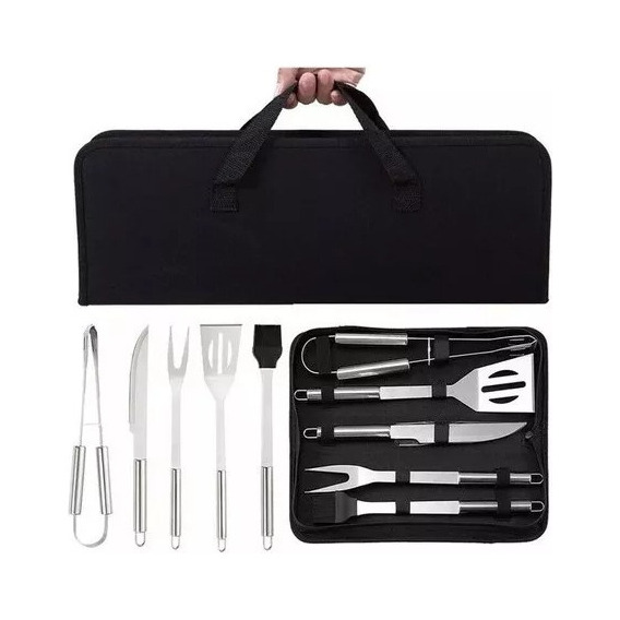 Set 5 Utensilios Profesional Acero Inox Para Asado + Estuche