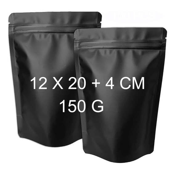 100 Bolsas Stand Up Pouch Hermética Zipper Negro Mate 150g