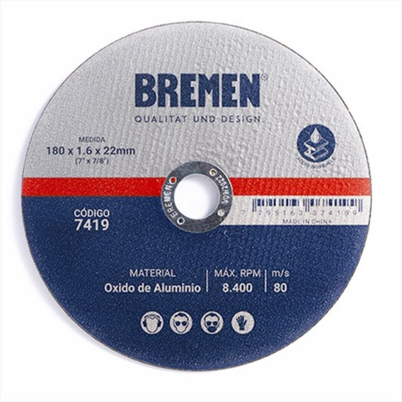 Disco Corte Amoladora Metal Bremen 180 X 1.6mm Caja 10u 7419 Color Negro